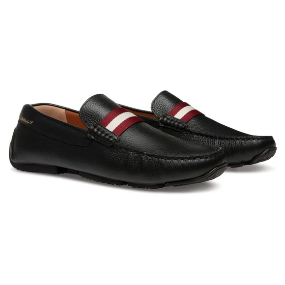 Bally Perthy Leather Loafers Black w/ Red and White Stripe Mens Size 12 - Picture 1 of 7